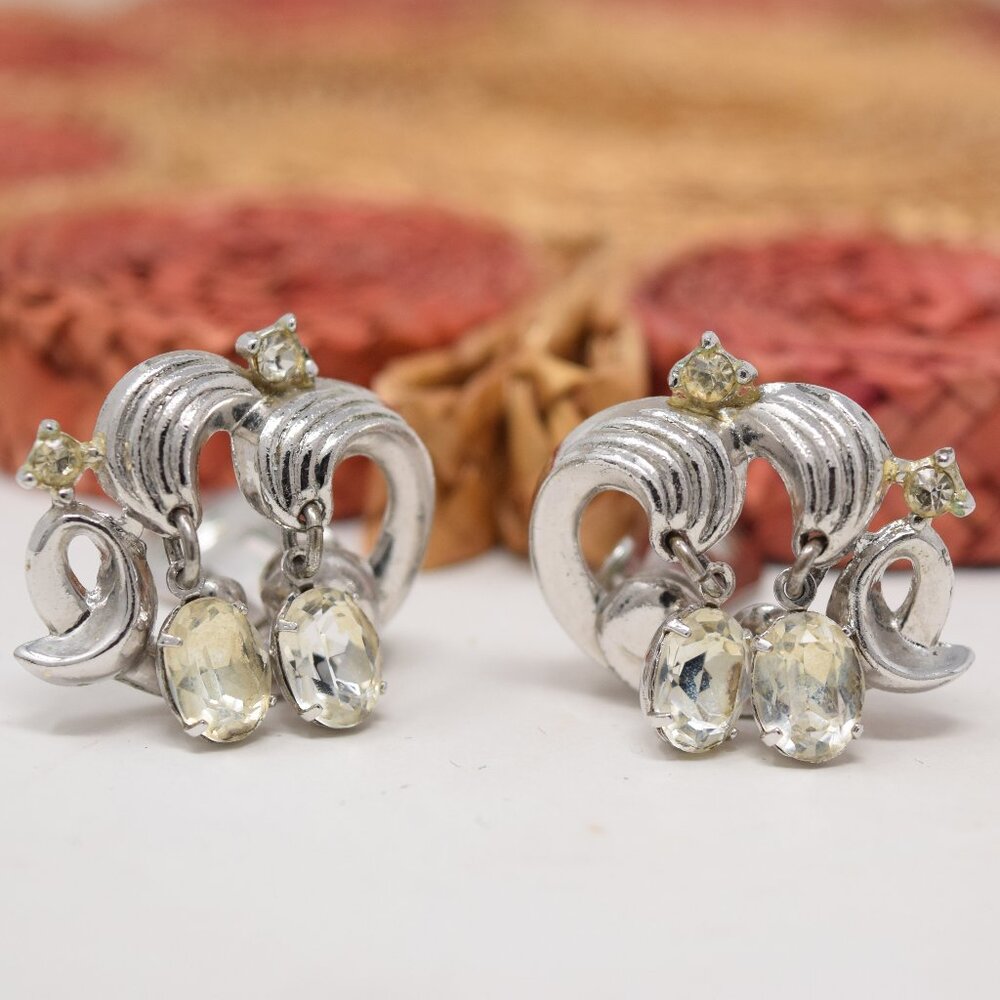 VTG Crown Trifari Rhinstone Diamante Earrings Clip On Silvertone Dangle Signed